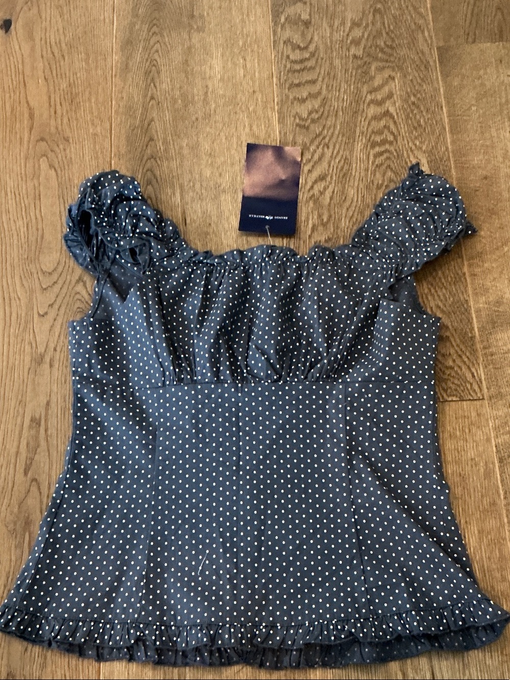 Brandy Melville Navy Blue White Polka Dot Ruffle Button Top - Picture 2 of 2